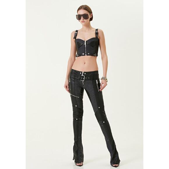 Versace Runway Black Leather Denim Size 40 US 4 Flared Pants Belted NWT $4875 - Picture 4 of 15